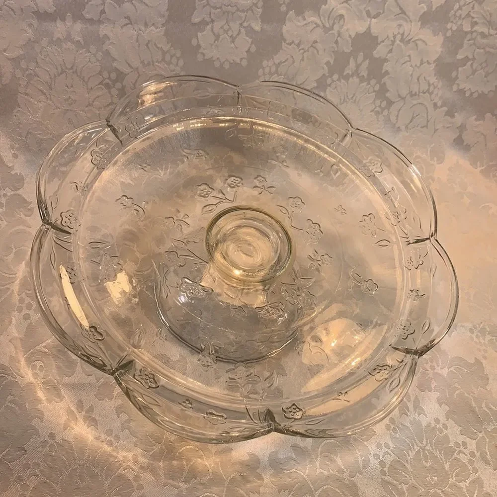 Savannah Style Vintage Cake Serving Flower Embossed Scalloped Pedestal Platter
